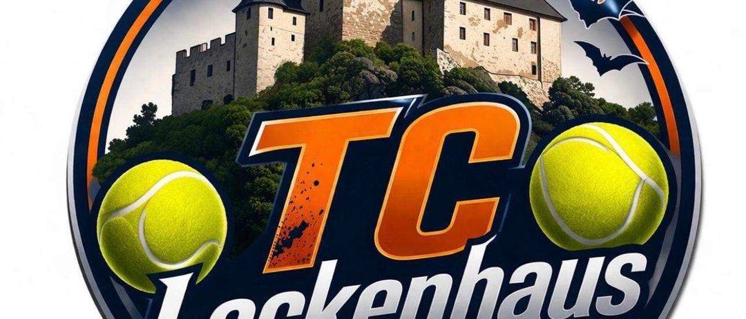 Das Logo von TC Lockenhaus zeigt eine Burg mit Fledermäusen darüber, vor dem Hintergrund von Hügeln und Tennisbällen.