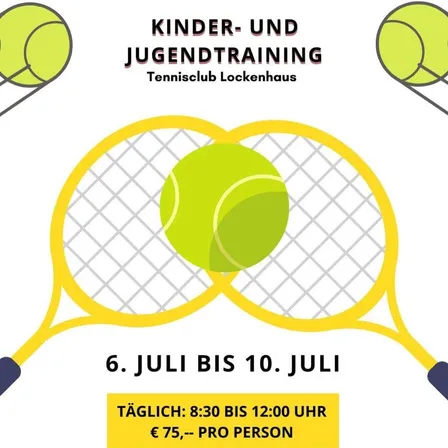 Der Tennisclub Lockenhaus bietet Kinder- und Jugendtraining vom 6. bis 10. Juli, täglich von 8:30 bis 12:00 Uhr an. Der Preis beträgt 75 Euro pro Person.