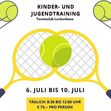 Der Tennisclub Lockenhaus bietet Kinder- und Jugendtraining vom 6. bis 10. Juli, täglich von 8:30 bis 12:00 Uhr an. Der Preis beträgt 75 Euro pro Person.