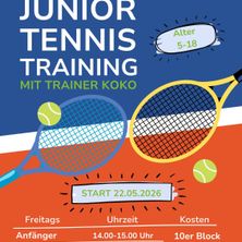 Junior Tennis Training mit Trainer Koko. Alter 5-18. Beginn am 22.05.2026. Freitags von 14:00-15:00 Uhr. Kosten: 10€ pro Block.