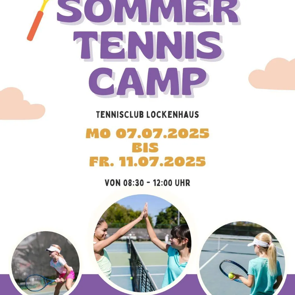 Eine Ankündigung für ein Sommer-Tenniscamp im Tennisclub Lockenhaus, das von Montag, 7. Juli 2025, bis Freitag, 11. Juli 2025, von 8:30 Uhr bis 12:00 Uhr stattfindet. Drei Tennisspielerinnen sind in verschiedenen Spielphasen zu sehen.