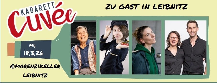 Ein Plakat für eine Kabarett-Veranstaltung. Es zeigt vier Fotos von Personen, darunter eine Frau in einer schwarzen Uniform, eine lächelnde Frau und ein Mann und eine Frau in schwarzen Hemden. Die Veranstaltung mit dem Titel 'Kabarett Live' findet am 18. März 2026 in Leibnitz statt.