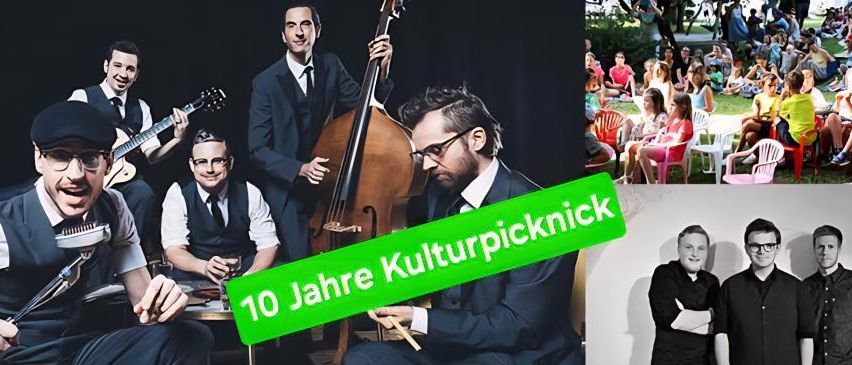 Eine Collage von Musikern beim Auftritt und einem Publikum, das Musik genießt. Ein grünes Banner mit der Aufschrift '10 Jahre Kulturpicknick' feiert 10 Jahre eines kulturellen Picknick-Events.