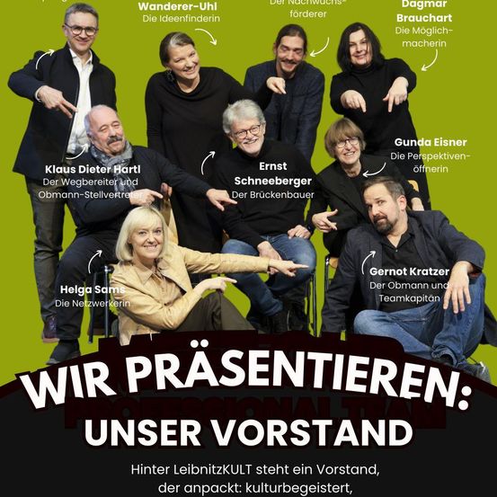 Ein Gruppenfoto des Managementteams von LeibnizKULTUR. Sie alle lächeln und scheinen für ein Foto zu posieren. Die Namen der Teammitglieder sind auf dem Foto zu sehen. Das Bild hat einen grünen Hintergrund.