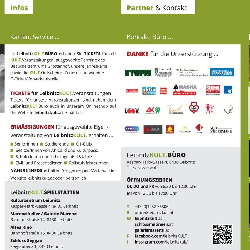 LeibnizKULT.BURo bietet Tickets für alle Veranstaltungen, ausgewählte Besucherzentrumstermine, Jahreskarten und KULT-Gutscheine an. Tickets sind im Shop und online erhältlich. Ermäßigungen für ausgewählte Gruppen. Kontaktdaten angegeben.