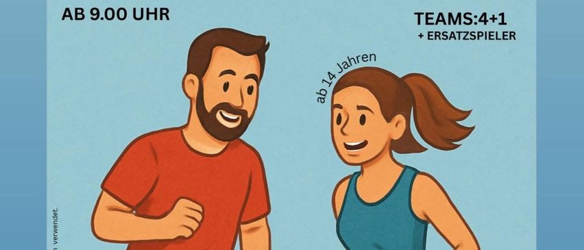 Plakat für das Wasser-Fußball-Event am 30. August 2025. Es zeigt eine Illustration eines Mannes und einer Frau, die Wasserfußball spielen. Die Veranstaltung beginnt um 9:00 Uhr am Sportplatz Mitterdorf. Der Eintrittspreis beträgt 60 Euro, mit Teams von 4 plus einem Ersatzspieler. Die Altersgrenze beträgt 14 Jahre und darüber.