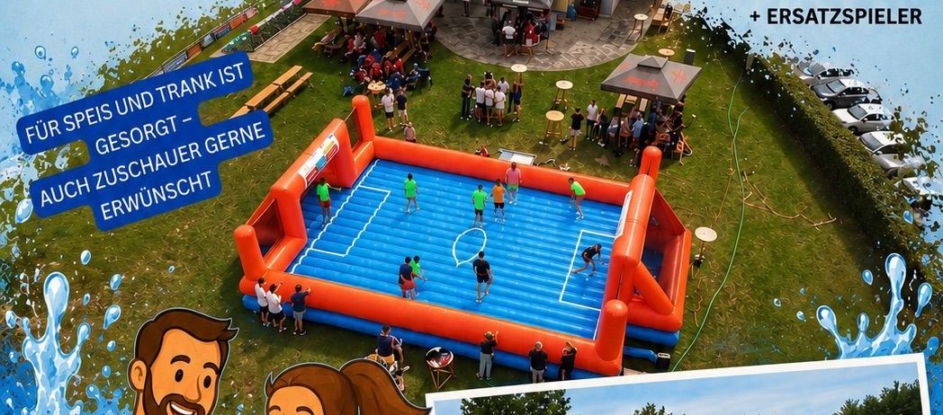 Wasserball-Event im Mitterdorfer Sportplatz am 4. Juli 2026. Eintrittsgebühr 60€, Beginn um 9:00 Uhr. Teams von 4+1 mit Ersatzspielern. Essen und Getränke inklusive.