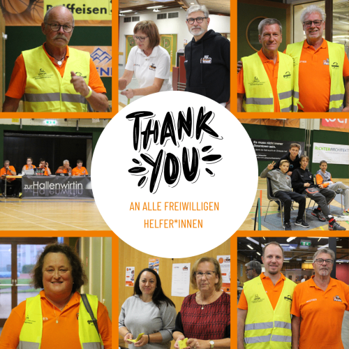 Eine Collage von Bildern mit Menschen in orangenen Westen und Brillen. Eine Person gestikuliert. Der Text lautet 'Danke! An alle freiwilligen Helfer*innen'. Der Hintergrund zeigt einen Tisch mit Personen und ein Schild.