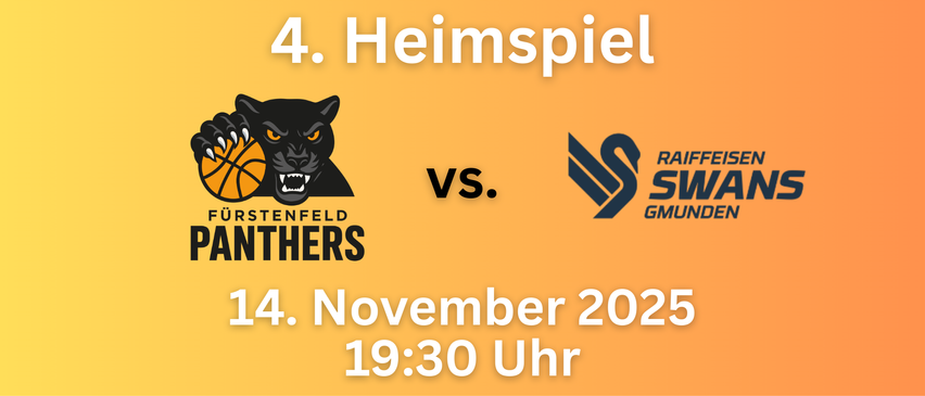 Heimspiel 4 mit schwarzem Panther-Logo gegen blaues Logo mit Text, geplant für den 4. November 2023 um 19:30 Uhr.