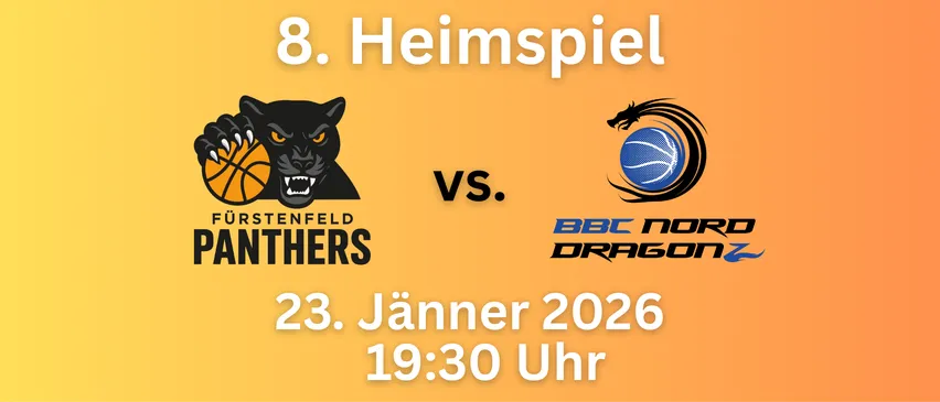 Plakat für das 8. Heimspiel zwischen Tenfeld Panthers und BBC Dragons am 23. Januar 2026 um 19:30 Uhr.