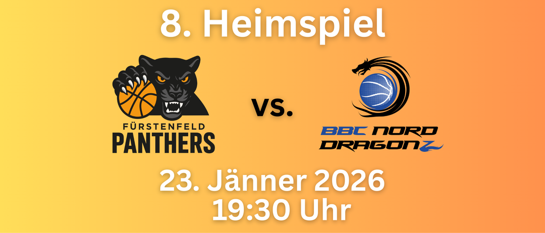 Plakat für das 8. Heimspiel zwischen Tenfeld Panthers und BBC Dragons am 23. Januar 2026 um 19:30 Uhr.