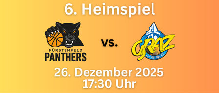 Plakat für das 6. Heimspiel am 6. Dezember 2022 um 17:30 Uhr mit dem Panthers-Logo auf der linken und dem Grizzly Adams Wolfsburg-Logo auf der rechten Seite.