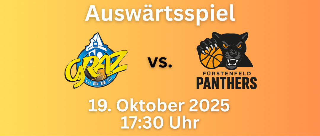 Oranger Hintergrund mit zwei Teamlogos. Ein Teamlogo hat den Text 'RAZ' und einen Basketball. Das andere hat 'VS.' und einen Panther, der einen Basketball hält. Das Datum ist der 19. Oktober 2025 und die Zeit ist 17:30 Uhr.