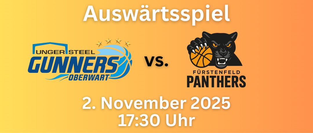 Basketball-Spielplakat mit 'Elfers' gegen 'Fürstenwart Panthers' am 2. November 2025 um 17:30 Uhr. Oranger Hintergrund mit Teamlogos.