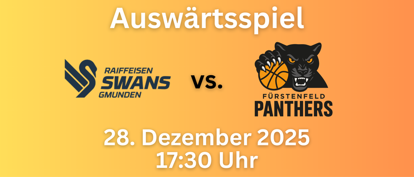 Oranger Banner mit Basketball-Team-Logo auf der rechten Seite. Teams sind Furstenden Panthers und ein unbekannter Gegner. Datum: 8. Dezember 2023. Zeit: 17:30 Uhr.