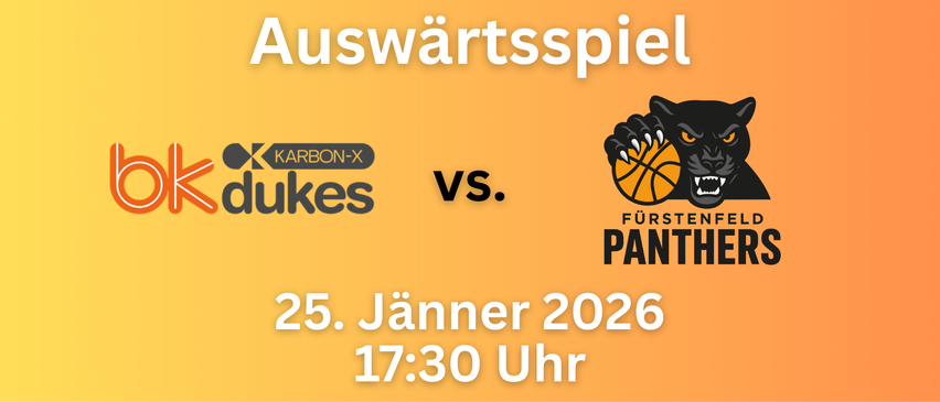 Ein orangefarbenes Poster mit schwarzem Text zeigt oben 'Auswärtsspiel' über einem Basketballlogo und 'KARBON-X'. Darunter steht 'vs.' mit einem Basketballlogo, und darunter sind das Datum '25. Januar 2026' und die Zeit '17:30'.