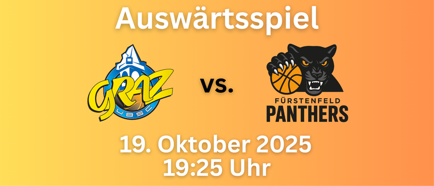Oranger Hintergrund mit Text 'Auswärtsspiel'. Teamlogos auf beiden Seiten. 'VS.' in der Mitte. Datum und Uhrzeit: 19. Oktober 2025, 19:25 Uhr.