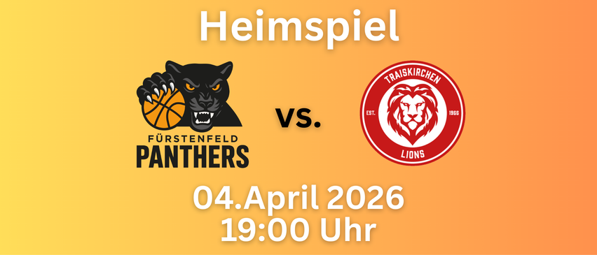 Ein Poster kündigt ein Basketballspiel zwischen Panthers und Lions an. Das Spiel findet am 4. April 2026 um 19:00 Uhr statt.