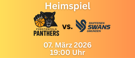 Heimspielposter für das Panthers-Team, mit einem schwarzen Panther, der einen Basketball hält, für den 7. März 2026 um 19:00 Uhr geplant.