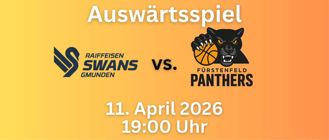 Plakat für ein Basketballspiel zwischen NDS und Fürstenfeld Panthers. Das Spiel ist für den 11. April 2026 um 19:00 Uhr geplant.