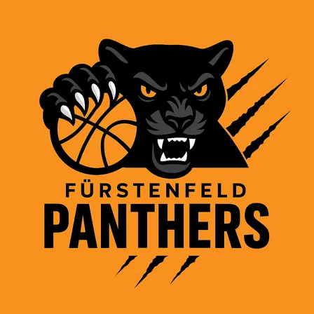 Das Logo zeigt einen schwarzen Panther, der einen Basketball mit seiner Pranke hält, vor einem leuchtend gelben Hintergrund. Die fiesen Augen und der offene Mund des Panthers verstärken seinen einschüchternden Auftritt. Der Text 'Fürstenfeld Panthers' ist in fetten schwarzen Buchstaben deutlich zu lesen.