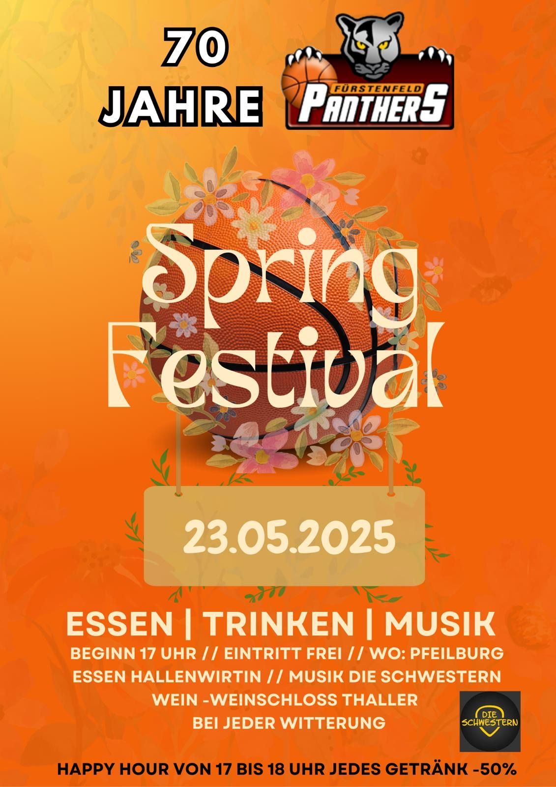 Plakat für das Frühlingsfestival mit einem Basketball umgeben von Blumen. Datum: 23.05.2025. Ort: Pfeilburg. Freier Eintritt, Beginn um 17 Uhr. Aktivitäten umfassen Essen, Trinken und Musik.