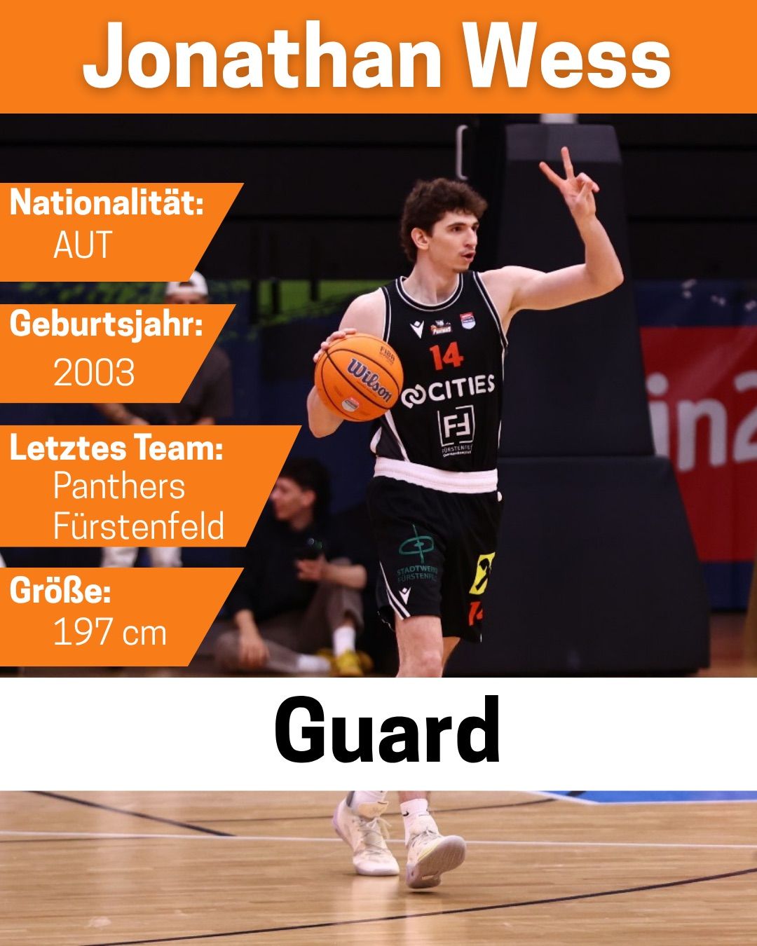 Ein Bild eines Basketballspielers in einem Trikot mit der Aufschrift 'Cities', der auf einem Basketballplatz steht, mit der Nationalität Österreich, geboren 2003, spielt für die Panthers Fürstenfeld und misst 197 cm.