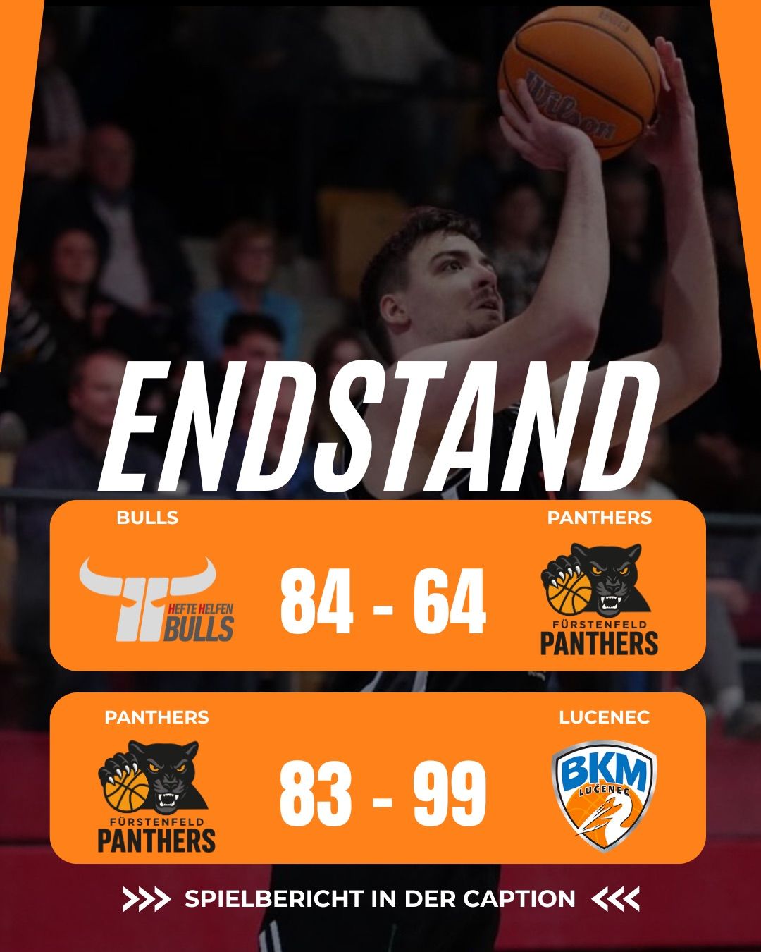 Endstand eines Basketballspiels mit Bulls, die 84-64 gegen Panthers gewinnen, und Panthers, die 83-99 gegen Lucenec verlieren.