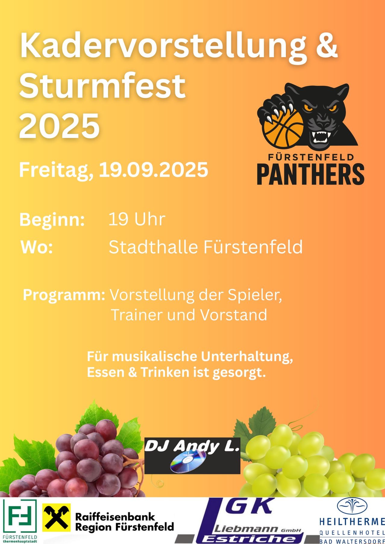 Sturmfest 2025 Veranstaltung am Freitag, 19.09.2025 um 19 Uhr. Ort ist Stadthalle Furstenfeld. Programm umfasst Präsentationen der Spieler, Trainer und Vorstands. Musikalische Unterhaltung, Essen und Getränke sind vorhanden.