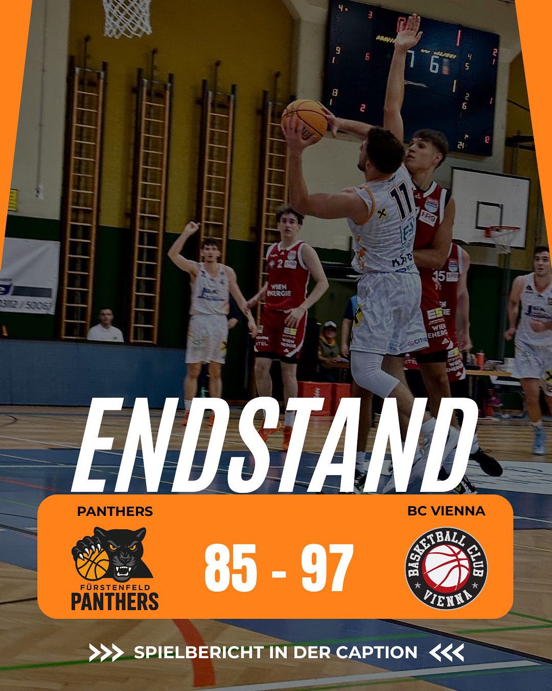 Endstand des Basketballspiels zwischen Panthers und BC Vienna. Panthers erzielten 85 Punkte, während BC Vienna 97 Punkte erzielte.