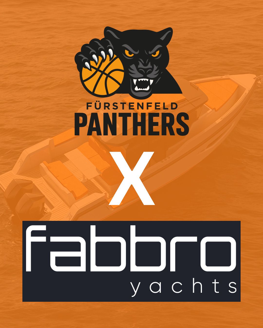 Ein Werbebild für das Furstenfeld Panthers Basketballteam, das einen Panther-Maskottchen mit einem Basketball und einem Boot mit orangen Akzenten zeigt. Darunter ist der Schriftzug 'Fabbro Yachts' zu sehen.