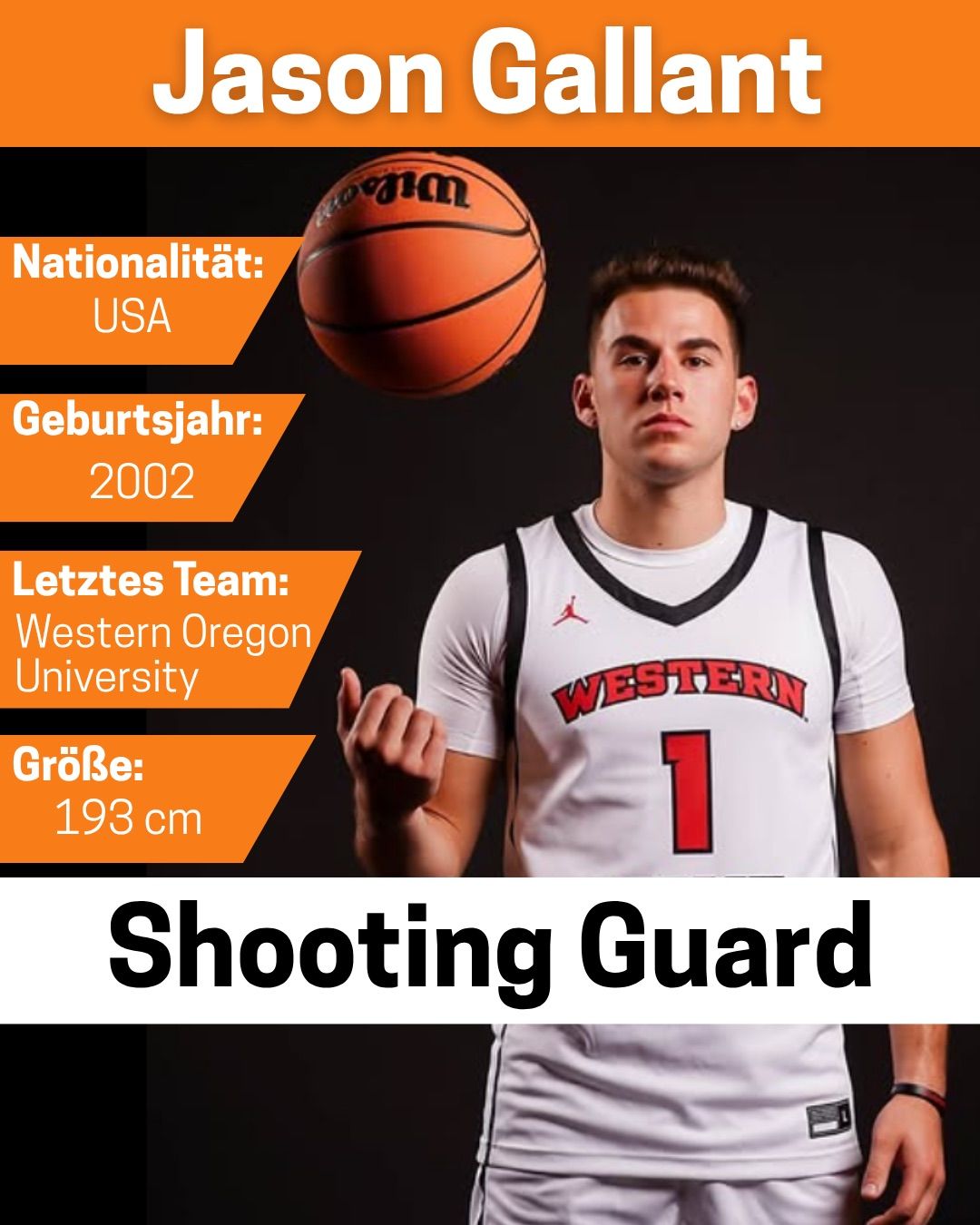 Ein Basketballspieler mit einem weißen Trikot mit der Nummer 1, hält einen Basketball. Er kommt aus den USA, wurde 2002 geboren und sein letztes Team war die Western Oregon University. Er ist 193 cm groß.