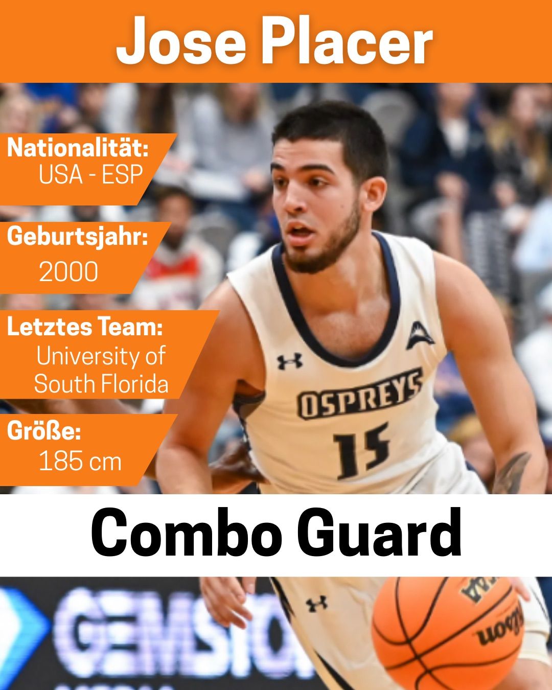Ein Basketballspieler aus den USA und Spanien, geboren 2000, spielt für die University of South Florida. Er ist 185 cm groß und als Combo Guard bekannt.