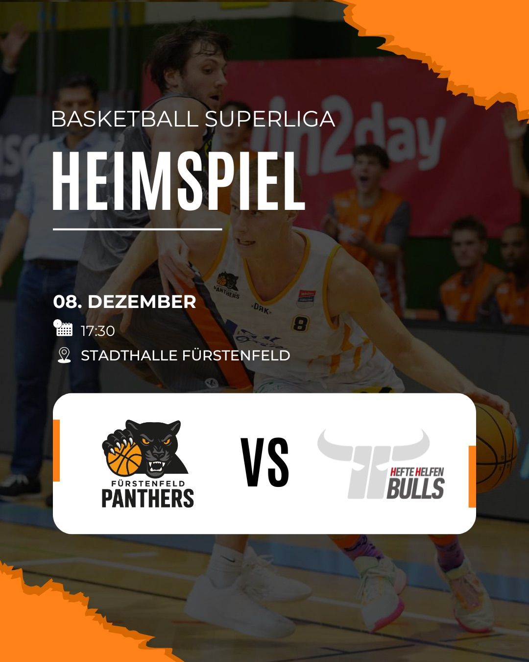Eine Basketballspiel-Werbung zeigt Spieler zweier Teams auf dem Spielfeld, eines ist Panthers und das andere ist Bulls. Das Spiel ist für den 8. Dezember um 17:30 Uhr geplant.
