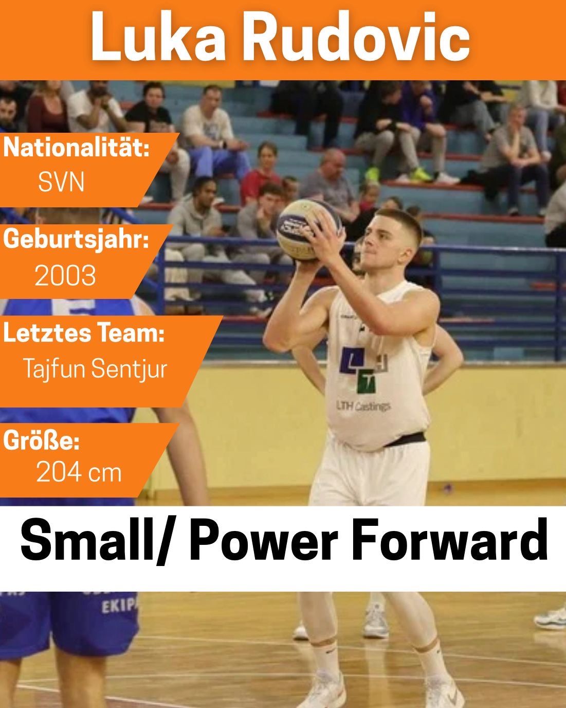 Ein Basketballspieler wirft einen Basketball in einer Halle. Der Spieler trägt ein weißes Trikot mit Logo auf der Vorderseite. Dahinter beobachtet eine Menge.