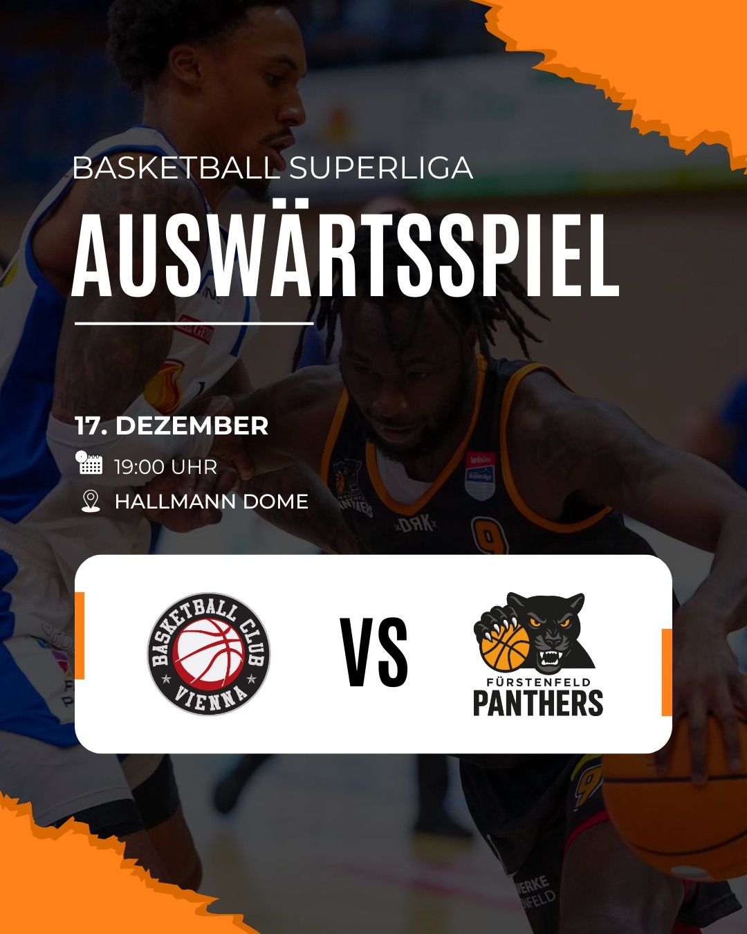 Basketball Superliga Auswärtsspiel am 17. Dezember um 19:00 Uhr im Hallmann Dome. Basketball Club Wien trifft auf Furstenfeld Panthers.
