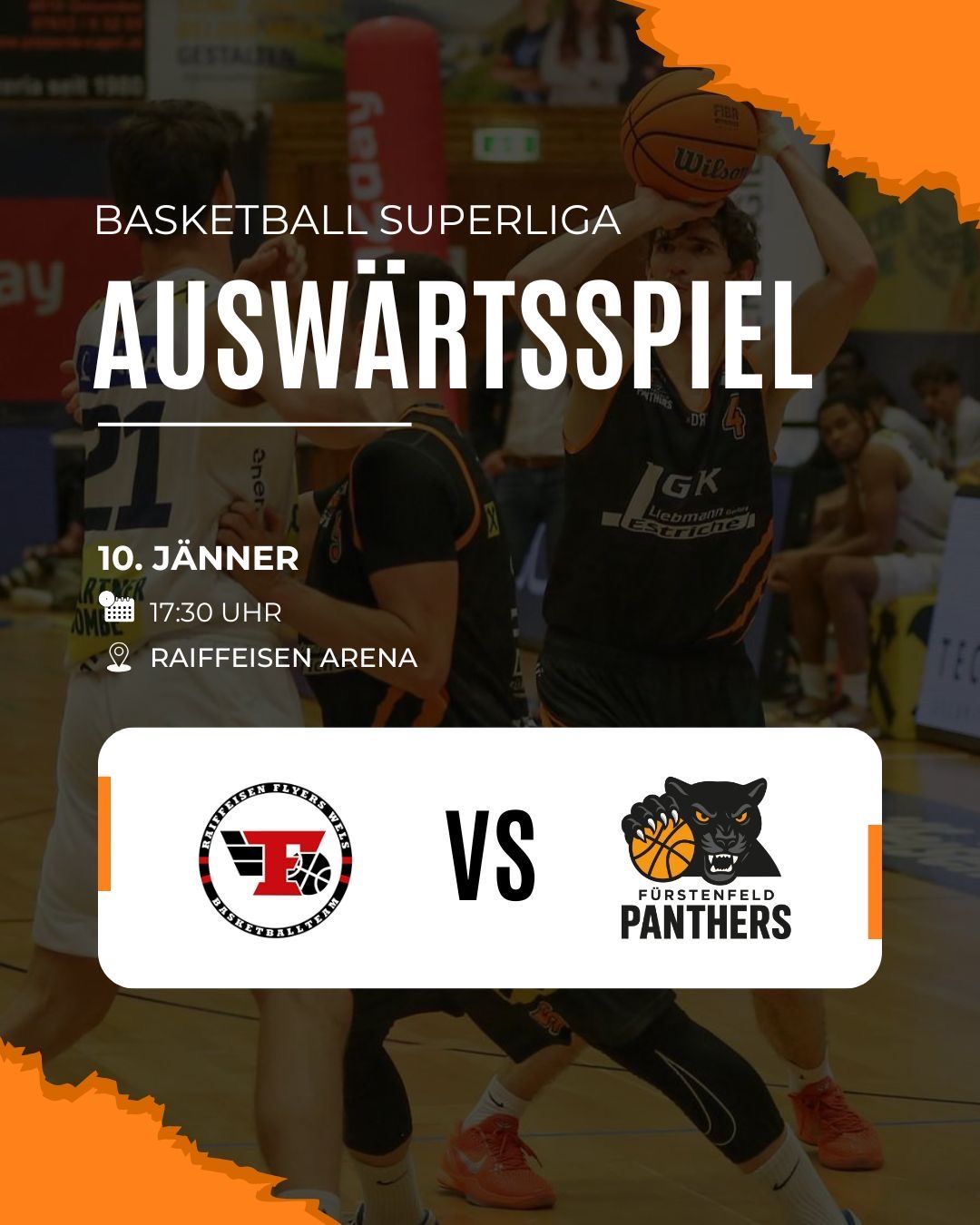 Ein Basketballspiel in der Basketball Superliga. Die Spieler tragen Trikots mit den Nummern 21 und 4. Die Veranstaltung findet am 10. Januar um 17:30 Uhr in der Raiffeisen Arena statt.