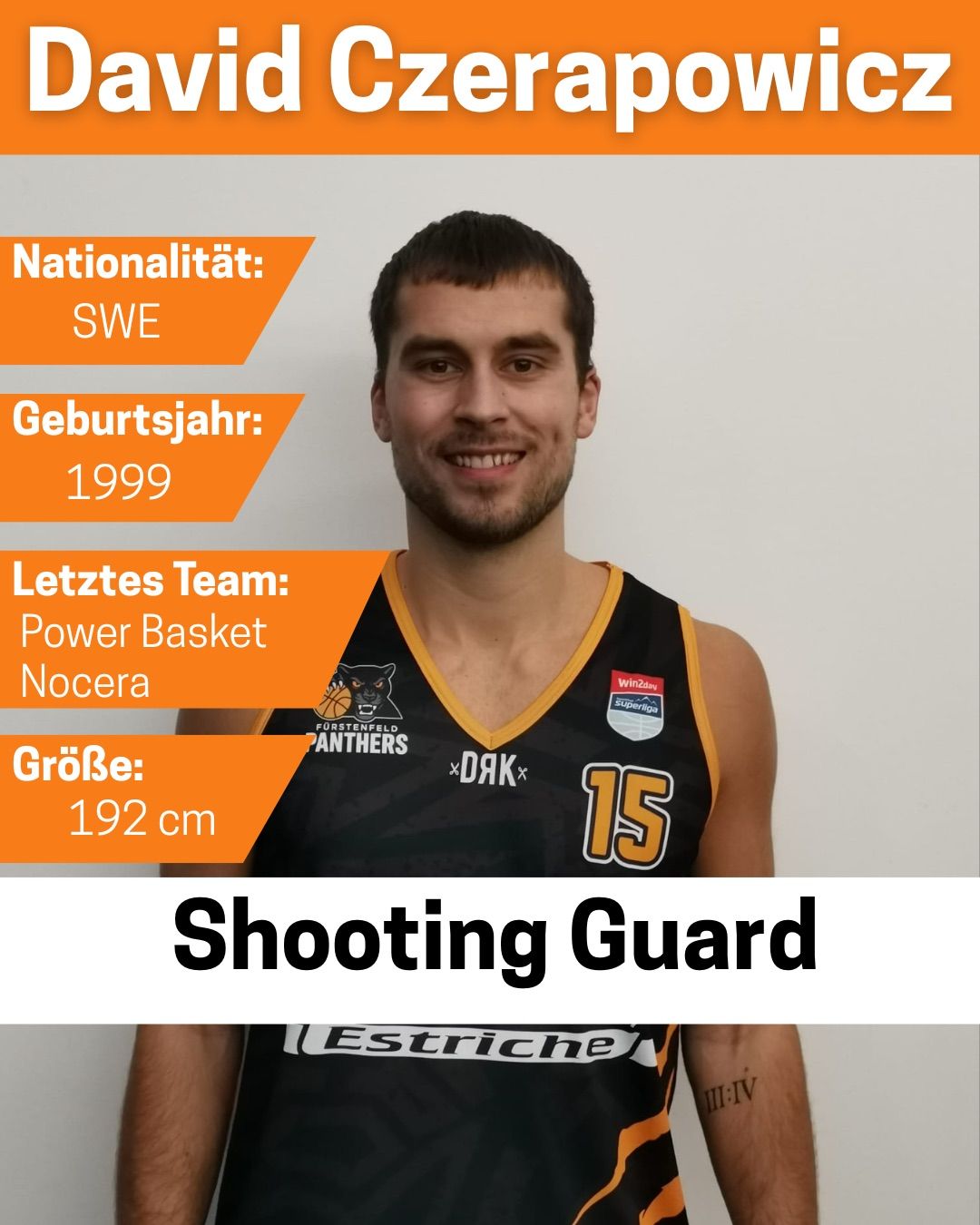 Ein Mann steht lächelnd in einem Basketball-Trikot mit der Nummer 15, der einen Shooting Guard darstellt, geboren 1999, 192 cm groß, trägt ein Trikot für Power Basket Nocera.