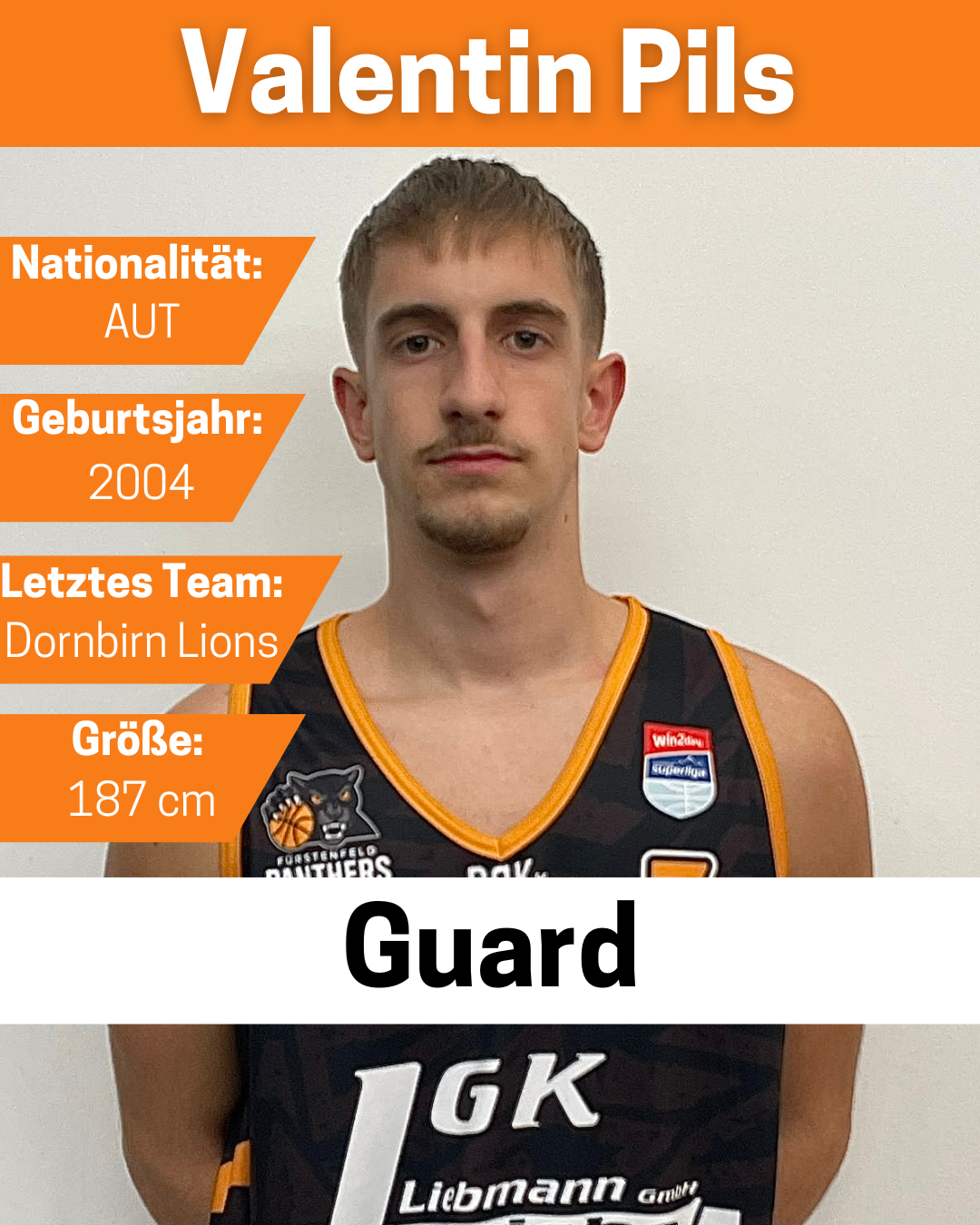 Ein Basketballspieler trägt ein Trikot, auf dem 'Dornbirn Lions' steht. Er ist 187 cm groß. Der Text über ihm lautet 'Guard'.