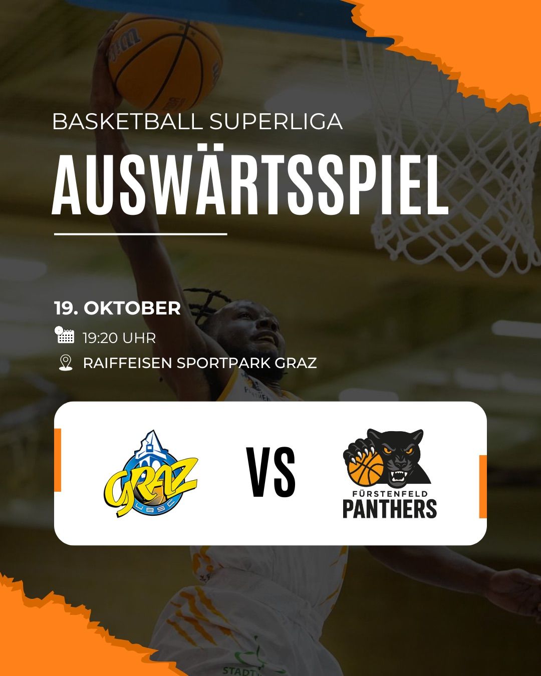 Ein Basketballspieler wirft zum Korb. Das Event ist ein Basketball Superliga Spiel. Die Teams sind Graz und Furstenfeld Panthers. Datum: 19. Oktober, Zeit: 19:20. Ort: Raiffeisen Sportpark Graz.