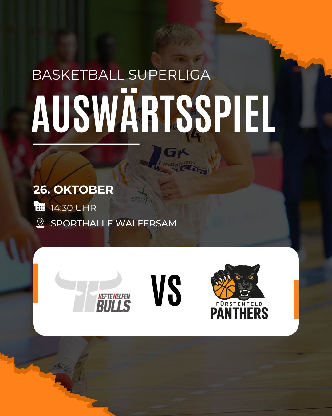 Basketball Superliga Auswärtsspiel. 26. Oktober, 14:30 Uhr. Sporthalle Walfersam. Hefte Helfen Bulls gegen Fürstenfeld Panthers.