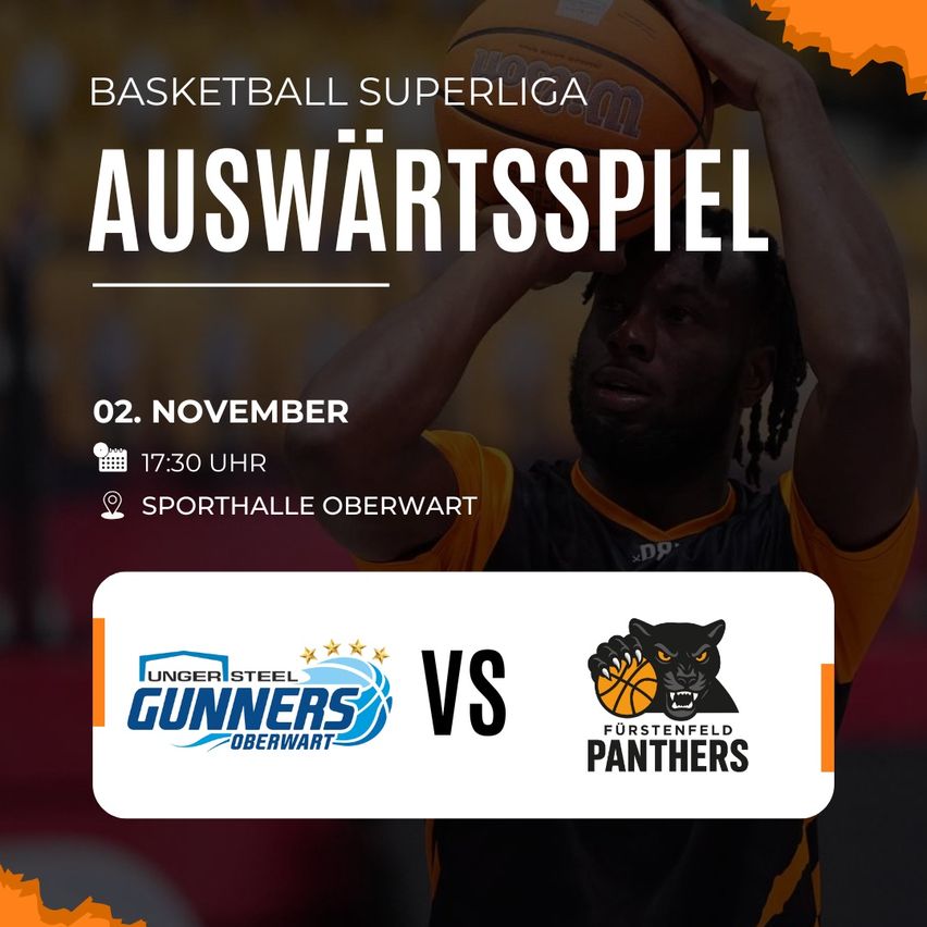 Basketball Superliga Spiel. Datum: 02. November. Zeit: 17:30. Ort: Sporthalle Oberwart. Teams: Gunners Oberwart vs. Furstenfeld Panthers.