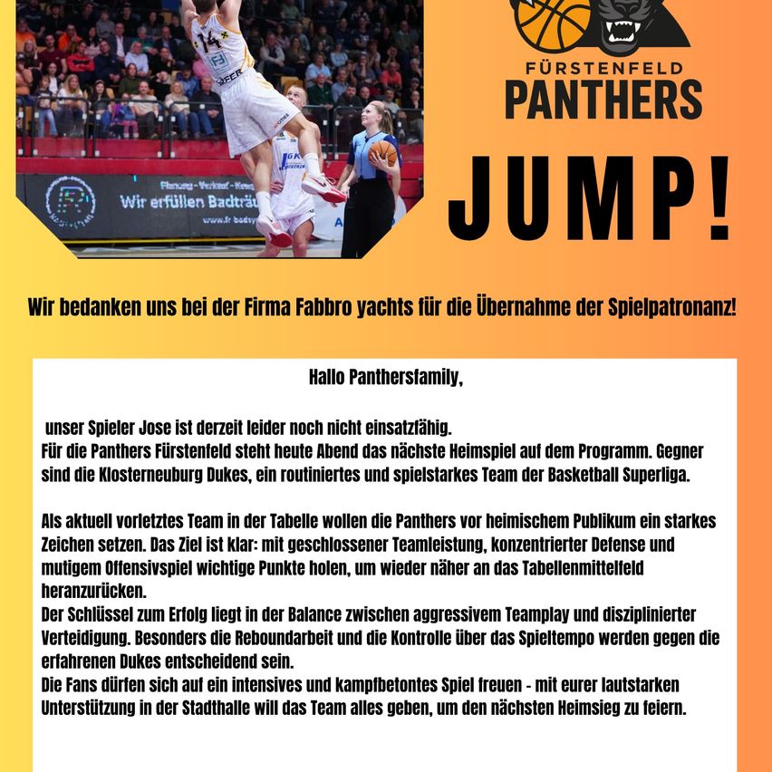 Ein Basketballspieler springt für einen Wurf in einer überfüllten Arena. Das Poster zeigt das Teamlogo und das Wort JUMP in fetten Buchstaben. Der Text handelt von den Panthers' nächsten Heimspiel gegen die Klosterneuburg Dukes.