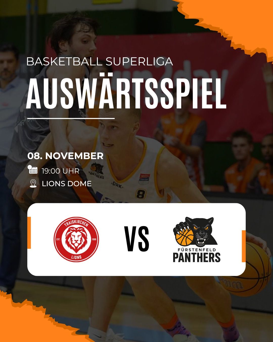 Basketball Superliga Heimspiel am 8. November um 19:00. Lions Dome empfängt Traiskirchen Lions gegen Furstenfeld Panthers.