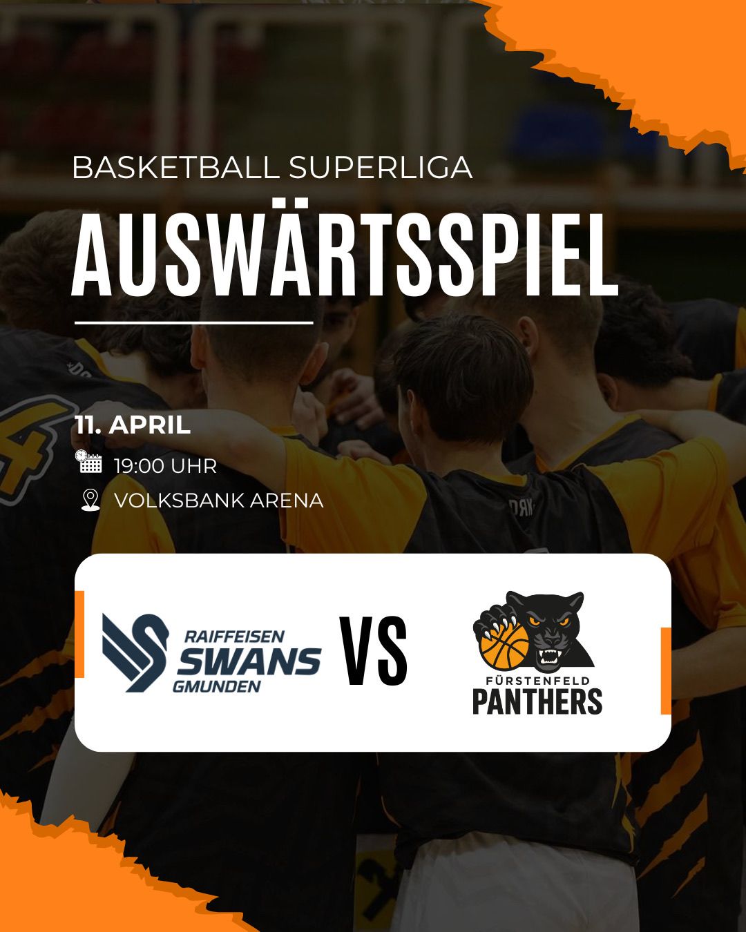 Ein Basketball Superliga-Spiel zwischen Raiffeisen Swans Gmunden und Furstenfeld Panthers am 11. April um 19:00 Uhr in der Volksbank Arena.