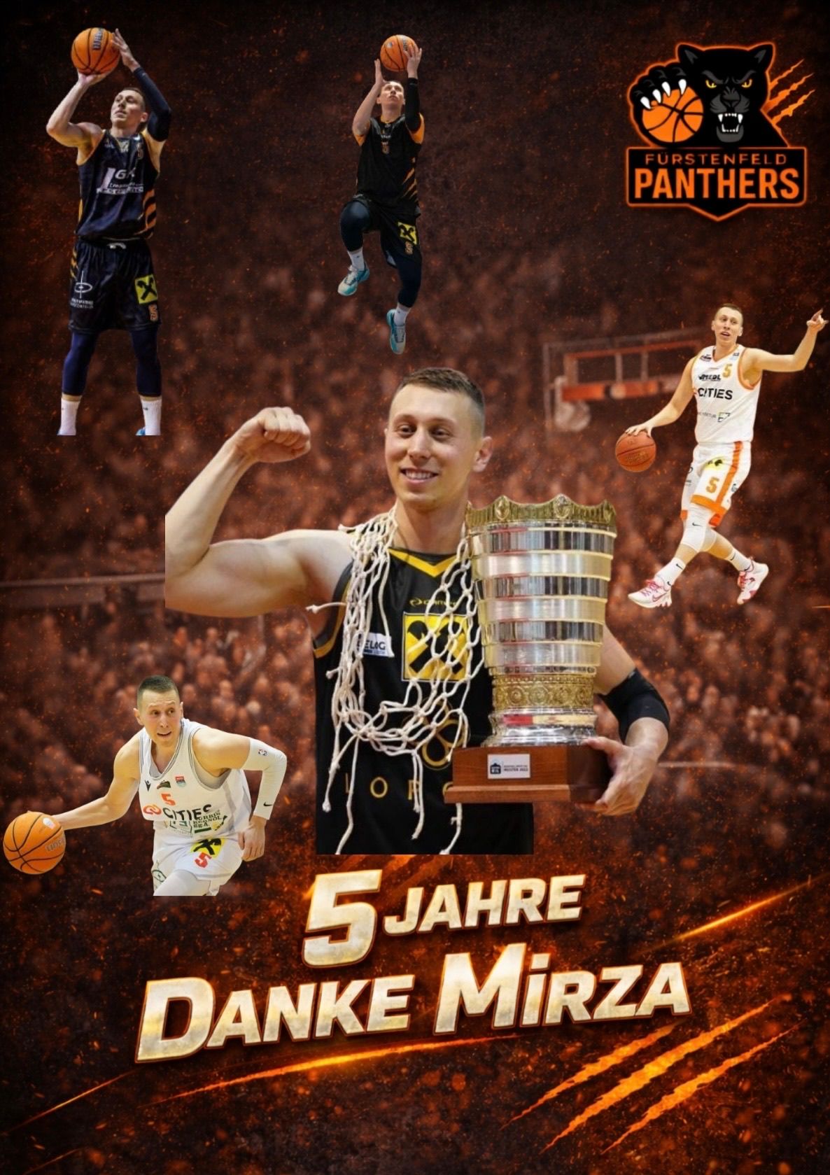 Eine Collage von Basketballspielern, einer hält einen Pokal, feiert fünf Jahre. Es zeigt einen lächelnden Spieler, einen springenden und einen, der den Ball dribbelt. Das Panthers-Logo ist oben.