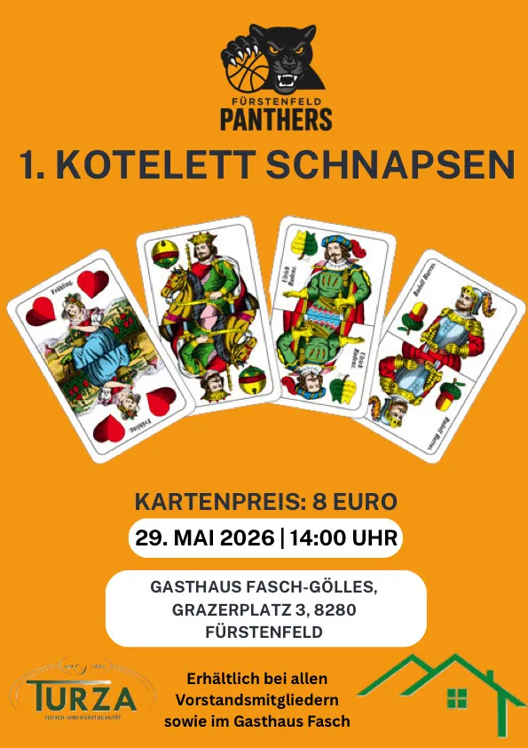 Werbeplakat für eine Kartenspiel-Veranstaltung. Vier Karten abgebildet. Datum, Zeit und Ortsinformationen angegeben. Englischer und deutscher Text.