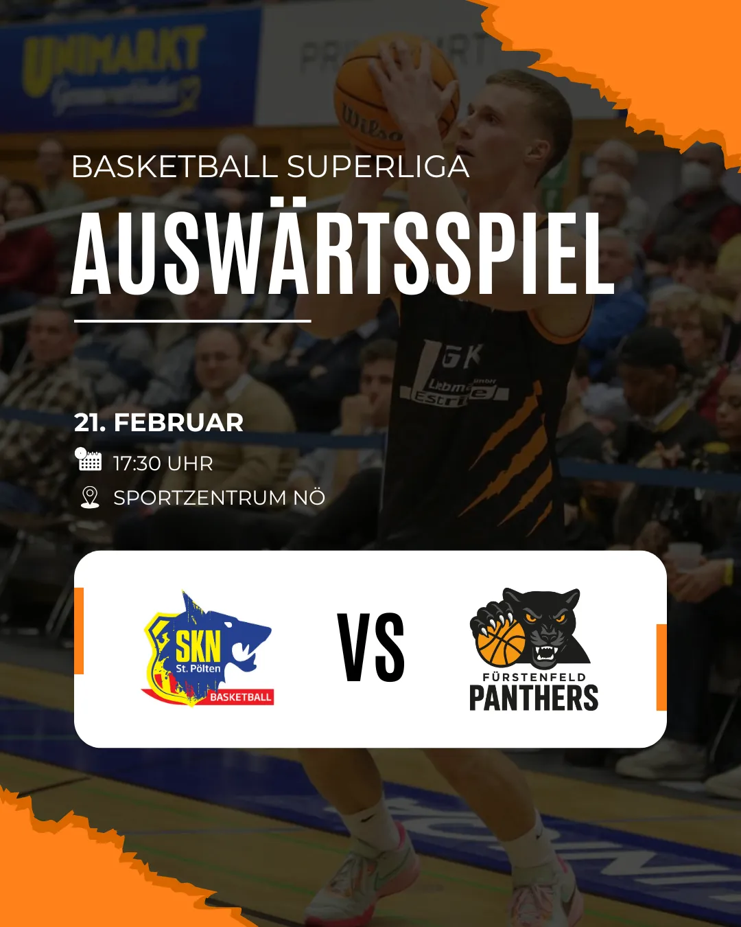 Basketball Superliga Auswärtsspiel am 21. Februar um 17:30 Uhr im Sportzentrum Noe. SKN St. Polten gegen Furstenfeld Panthers.