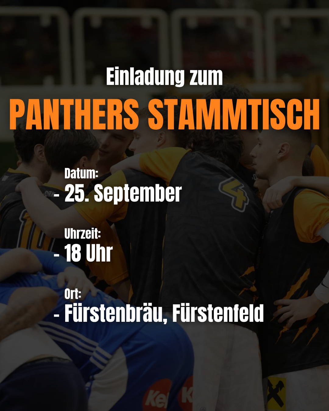 Plakat für Panthers Stammtisch-Veranstaltung am 25. September um 18:00 im Fürstenbräu, Fürstenfeld. Eine Gruppe von Menschen in Sporttrikots ist versammelt.