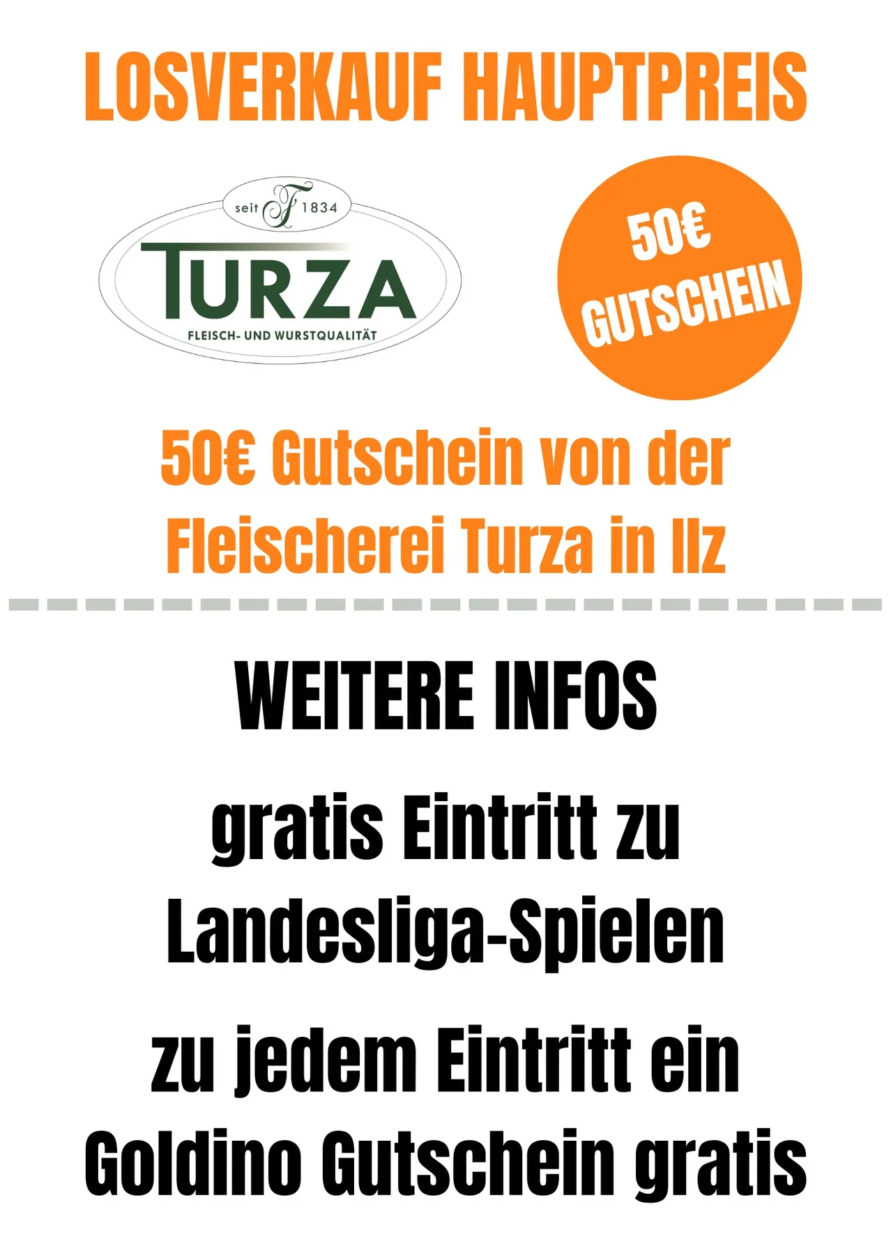 Werbeanzeige für Turza, einen Metzgerladen für Fleisch- und Wurstqualität in Illz, Österreich. Die Anzeige bietet einen 50€ Gutschein für den Metzgerladen und freien Eintritt zu Landesliga-Spielen mit einem Goldino-Gutschein für jeden Eintritt.